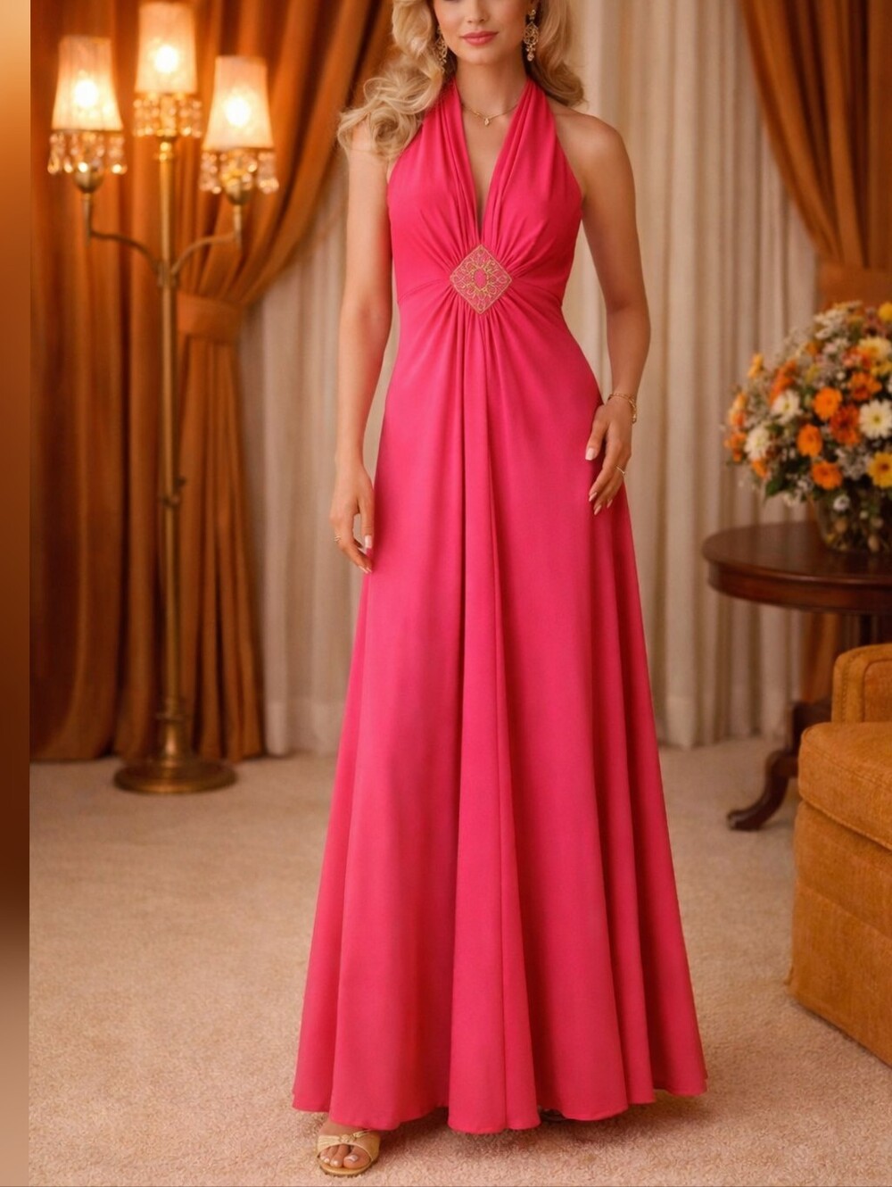 Unbranded Vintage 1970s Pink Plunge Maxi Prom Party Dress size 9-10